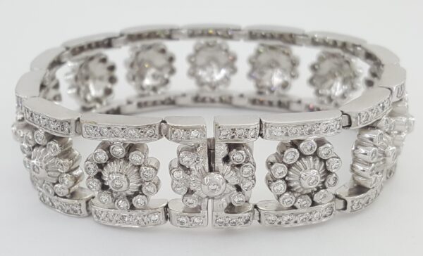 Doris Panos Vintage Flower Bracelet 5.14 ct 77.8 Grams 18 mm Wide 18K White Gold