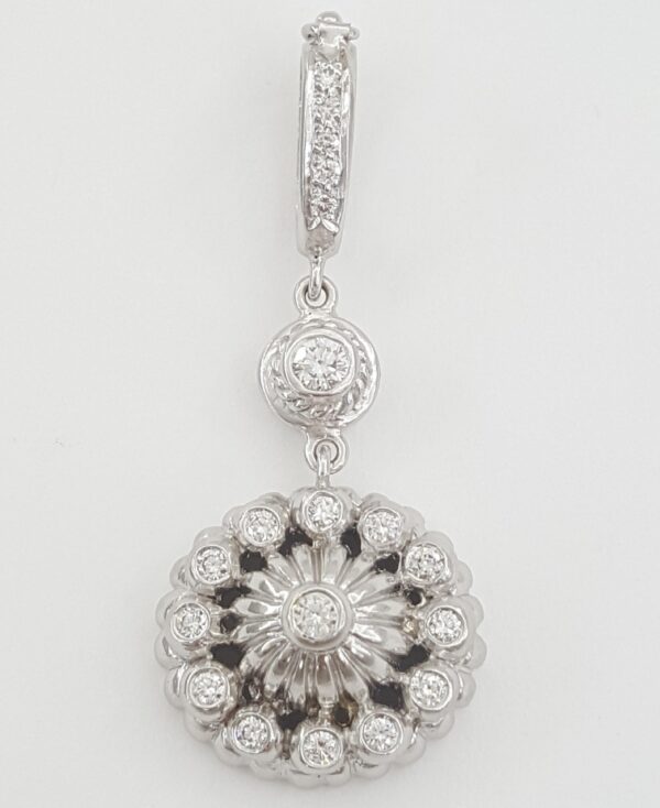 Doris Panos Vintage Flower Diamond Drop Pendant 18k White Gold 0.65 ct 1.7"
