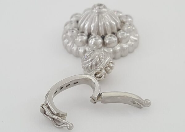 Doris Panos Vintage Flower Diamond Drop Pendant 18k White Gold 0.65 ct 1.7"