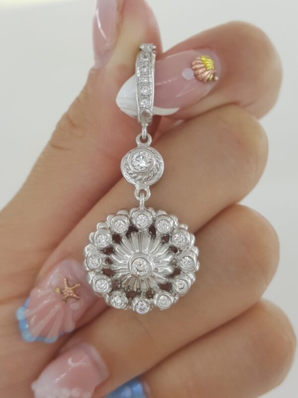 Doris Panos Vintage Flower Diamond Drop Pendant 18k White Gold 0.65 ct 1.7"