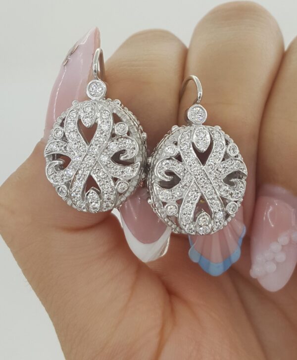 Doris Panos Diamond Dangle Drop Flower Earrings 1 ct 18K White Gold