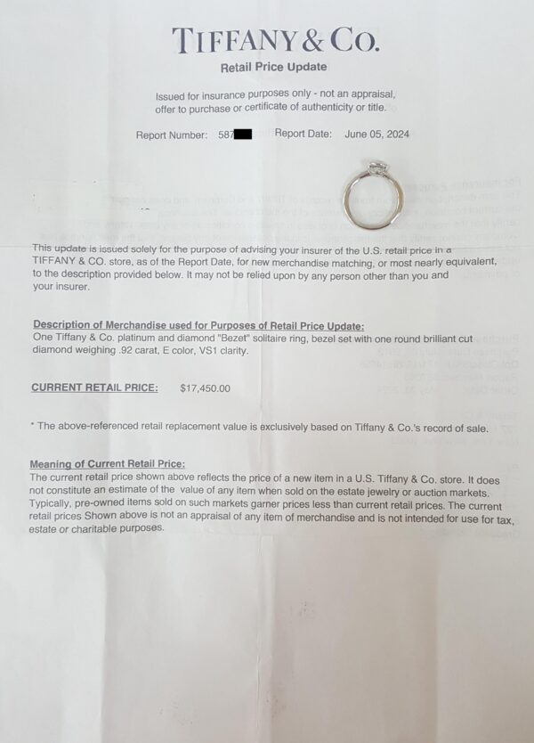 Tiffany & Co Round Diamond Solitaire Platinum Engagement Ring 0.92 ct Rt $17,450