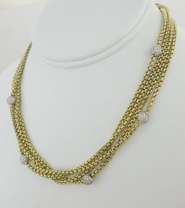 David Yurman Pave Diamond Ball Station 4 Strand Gold Necklace 1.7 ct 18k 86.6 Gr