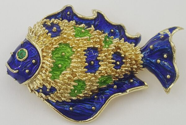 Vintage Tiffany & Co Donald Claflin Fish Brooch 18k Yellow Gold Enamel 1960s