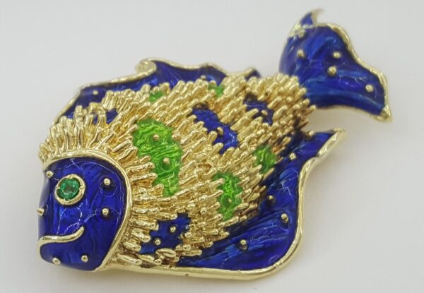 Vintage Tiffany & Co Donald Claflin Fish Brooch 18k Yellow Gold Enamel 1960s