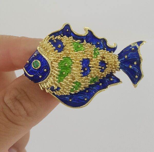 Vintage Tiffany & Co Donald Claflin Fish Brooch 18k Yellow Gold Enamel 1960s