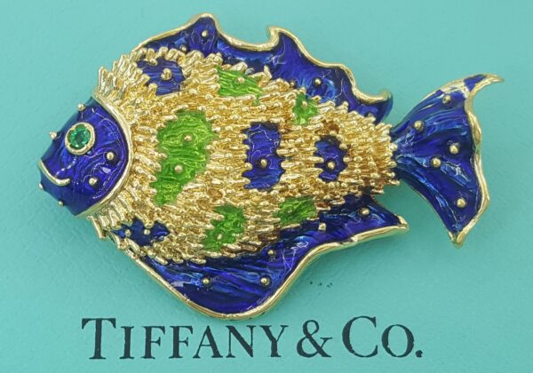 Vintage Tiffany & Co Donald Claflin Fish Brooch 18k Yellow Gold Enamel 1960s