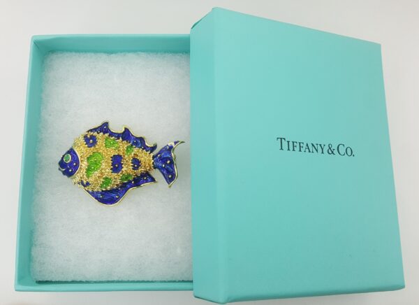 Vintage Tiffany & Co Donald Claflin Fish Brooch 18k Yellow Gold Enamel 1960s
