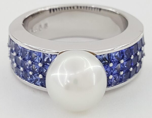 Mikimoto South Sea Pearl & Sapphire Ring 9 mm 1.72 ct 18k White Gold