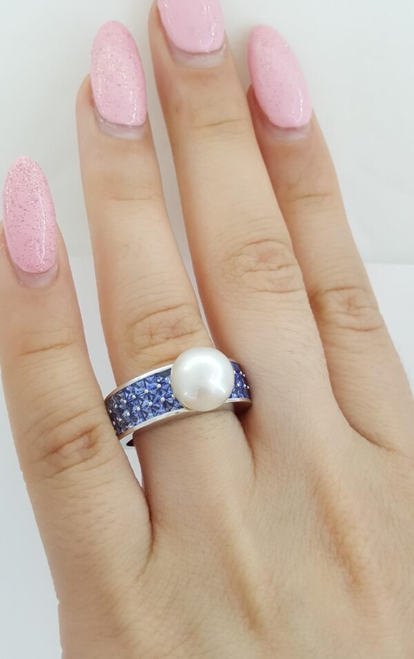 Mikimoto South Sea Pearl & Sapphire Ring 9 mm 1.72 ct 18k White Gold