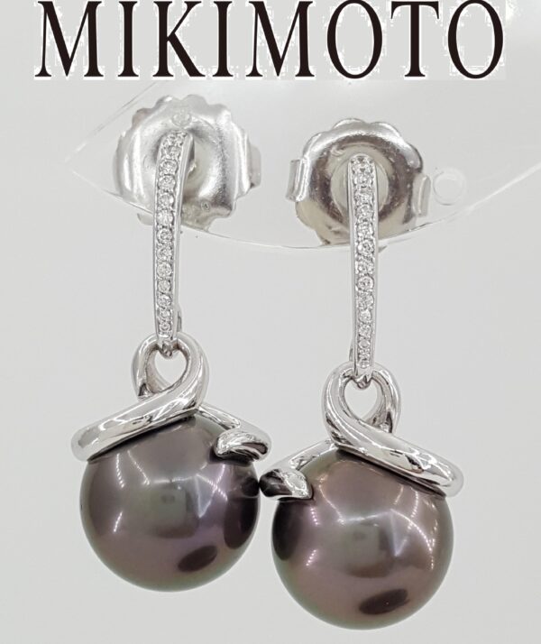 Mikimoto Black South Sea Pearls Diamond Dangle Drop Earrings 11.6mm 18K Gold