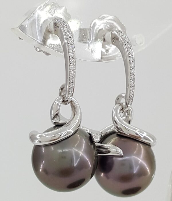 Mikimoto Black South Sea Pearls Diamond Dangle Drop Earrings 11.6mm 18K Gold