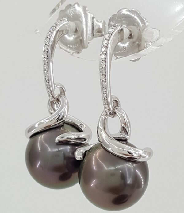 Mikimoto Black South Sea Pearls Diamond Dangle Drop Earrings 11.6mm 18K Gold
