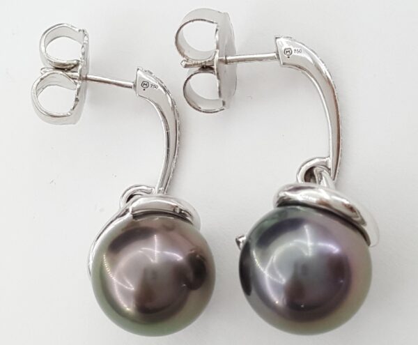 Mikimoto Black South Sea Pearls Diamond Dangle Drop Earrings 11.6mm 18K Gold