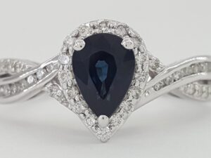 Pear Sapphire & Diamond Halo Crossover Engagement Ring 1.2 ct 14k White Gold