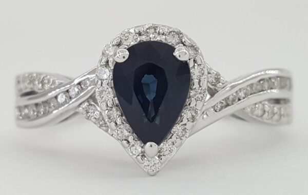 Pear Sapphire & Diamond Halo Crossover Engagement Ring 1.2 ct 14k White Gold