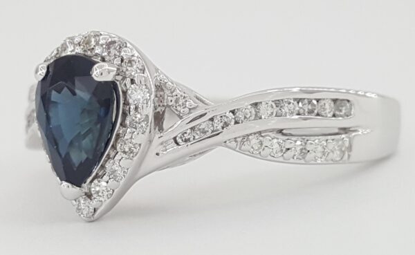 Pear Sapphire & Diamond Halo Crossover Engagement Ring 1.2 ct 14k White Gold