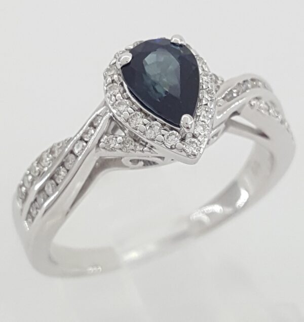 Pear Sapphire & Diamond Halo Crossover Engagement Ring 1.2 ct 14k White Gold