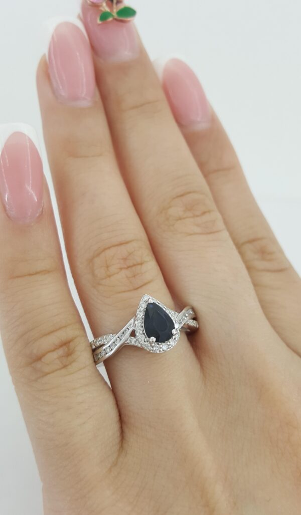 Pear Sapphire & Diamond Halo Crossover Engagement Ring 1.2 ct 14k White Gold