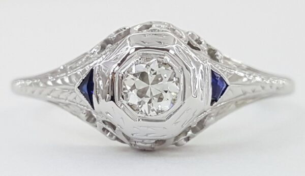 Antique Art Deco Old European Cut Diamond Engagement Ring 0.17 ct 18K White Gold