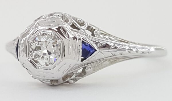 Antique Art Deco Old European Cut Diamond Engagement Ring 0.17 ct 18K White Gold