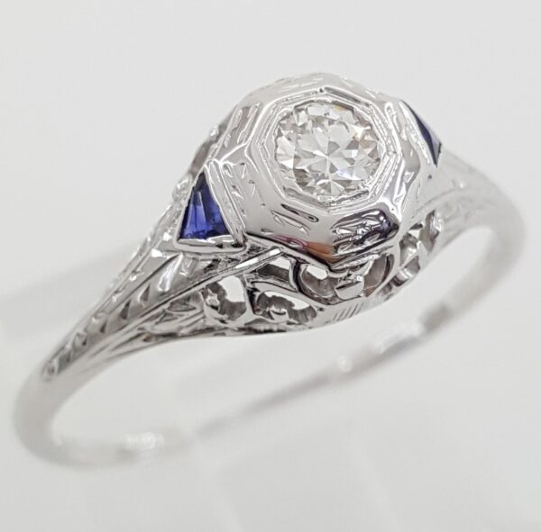 Antique Art Deco Old European Cut Diamond Engagement Ring 0.17 ct 18K White Gold
