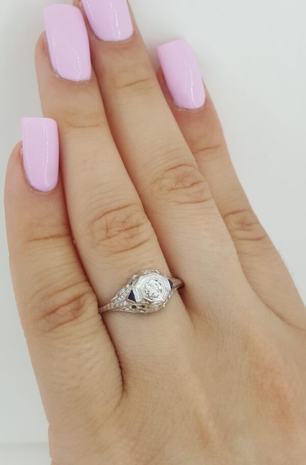 Antique Art Deco Old European Cut Diamond Engagement Ring 0.17 ct 18K White Gold