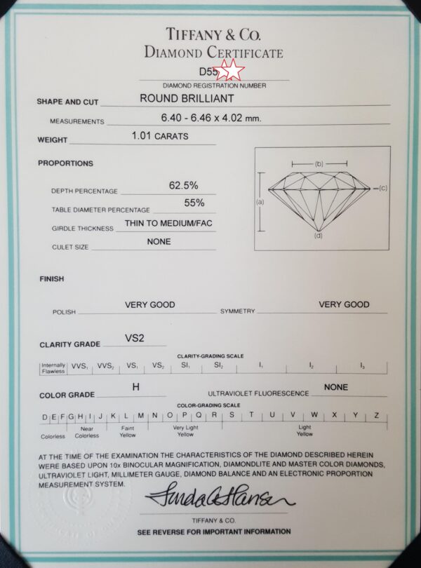 Tiffany & Co Round Diamond Solitaire Platinum Engagement Ring 1.01 ct Rtl $15.8k