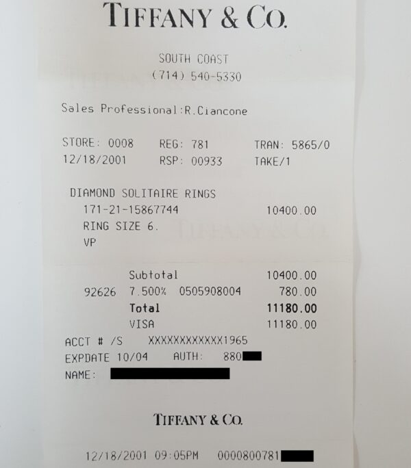 Tiffany & Co Round Diamond Solitaire Platinum Engagement Ring 1.01 ct Rtl $15.8k