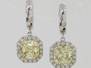 Fancy Light Yellow Diamond Halo Dangle Earrings Platinum & 18k Gold 3.11 ct