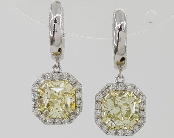 Fancy Light Yellow Diamond Halo Dangle Earrings Platinum & 18k Gold 3.11 ct