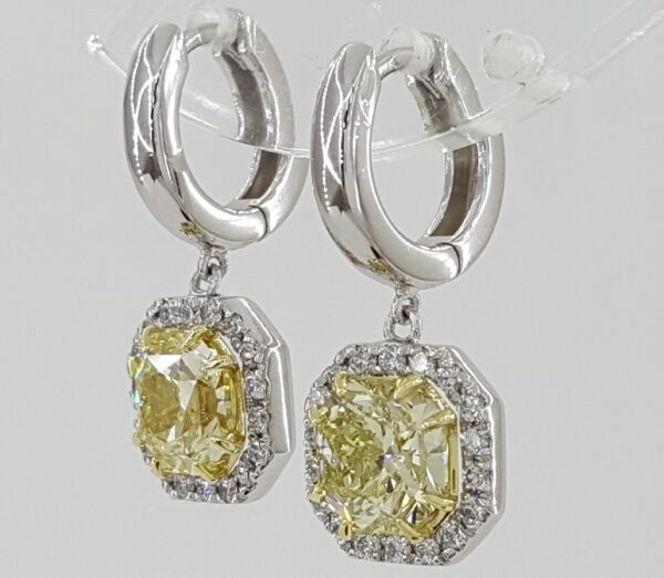 Fancy Light Yellow Diamond Halo Dangle Earrings Platinum & 18k Gold 3.11 ct