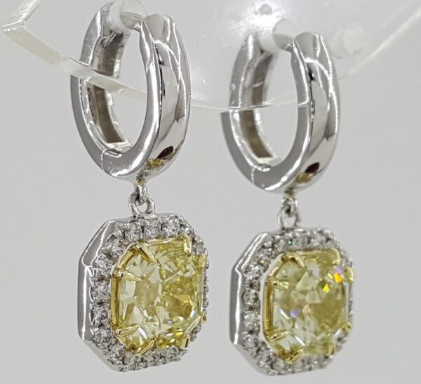 Fancy Light Yellow Diamond Halo Dangle Earrings Platinum & 18k Gold 3.11 ct