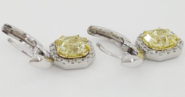Fancy Light Yellow Diamond Halo Dangle Earrings Platinum & 18k Gold 3.11 ct