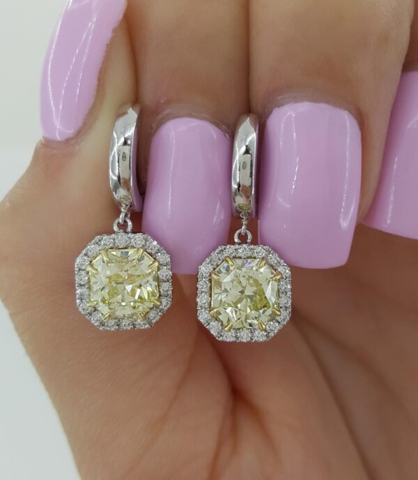 Fancy Light Yellow Diamond Halo Dangle Earrings Platinum & 18k Gold 3.11 ct