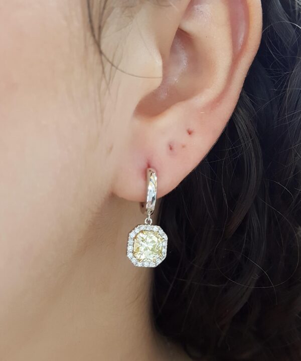Fancy Light Yellow Diamond Halo Dangle Earrings Platinum & 18k Gold 3.11 ct