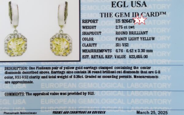 Fancy Light Yellow Diamond Halo Dangle Earrings Platinum & 18k Gold 3.11 ct