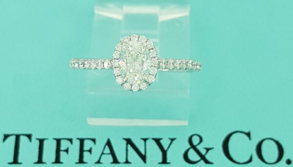 Tiffany & Co Soleste Oval Diamond Halo Platinum Engagement Ring 0.7 ct Rtl $8K