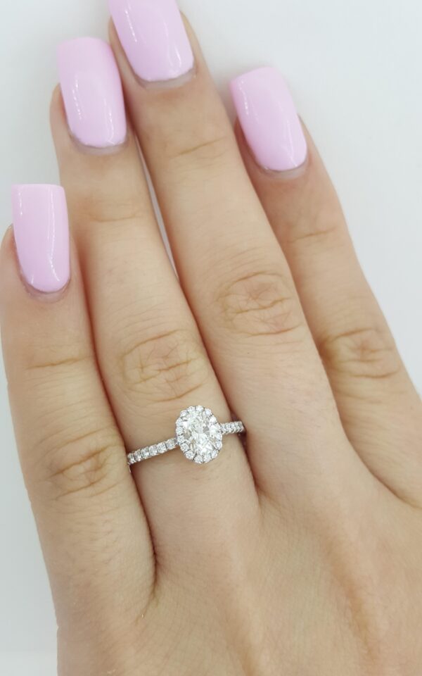 Tiffany & Co Soleste Oval Diamond Halo Platinum Engagement Ring 0.7 ct Rtl $8K
