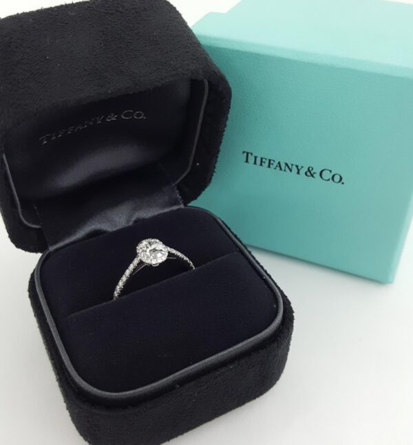 Tiffany & Co Soleste Oval Diamond Halo Platinum Engagement Ring 0.7 ct Rtl $8K