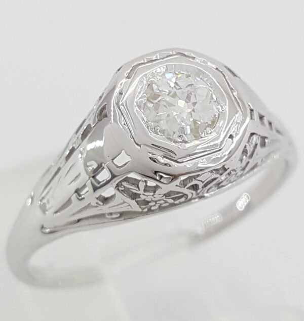Antique Edwardian Art Deco Old Mine Cut Diamond Ring 18k White Gold 0.33 ct