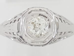 Antique Edwardian Art Deco Old Mine Cut Diamond Ring 18k White Gold 0.33 ct
