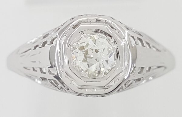 Antique Edwardian Art Deco Old Mine Cut Diamond Ring 18k White Gold 0.33 ct