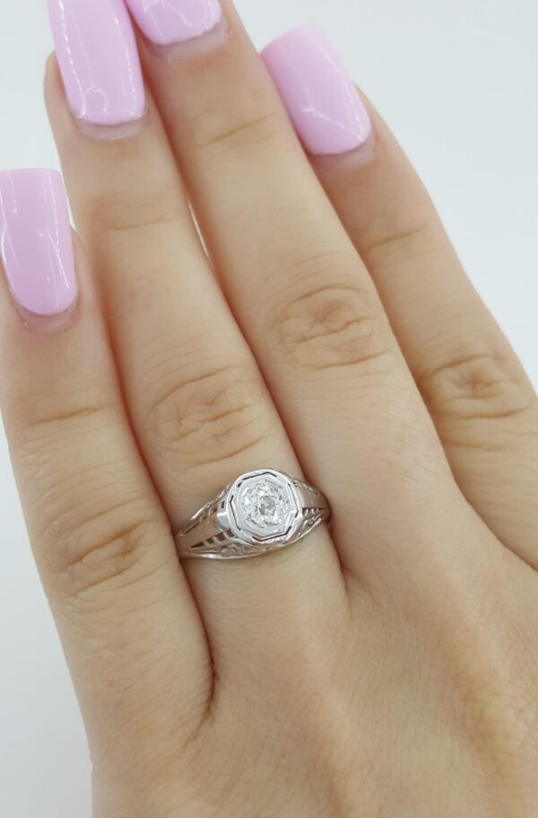 Antique Edwardian Art Deco Old Mine Cut Diamond Ring 18k White Gold 0.33 ct