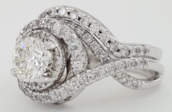 Round Diamond Double Halo Crossover Engagement Ring Set 1.44 ct 14k White Gold