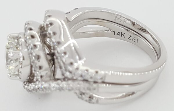 Round Diamond Double Halo Crossover Engagement Ring Set 1.44 ct 14k White Gold