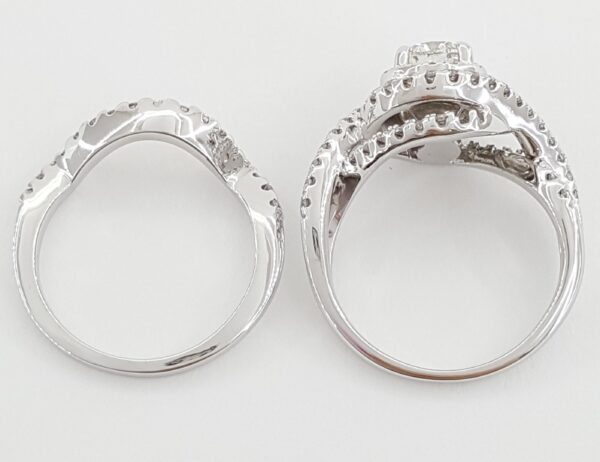 Round Diamond Double Halo Crossover Engagement Ring Set 1.44 ct 14k White Gold