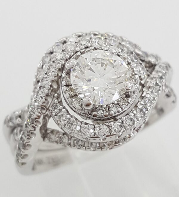 Round Diamond Double Halo Crossover Engagement Ring Set 1.44 ct 14k White Gold
