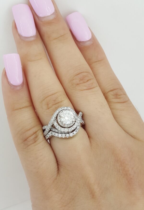 Round Diamond Double Halo Crossover Engagement Ring Set 1.44 ct 14k White Gold