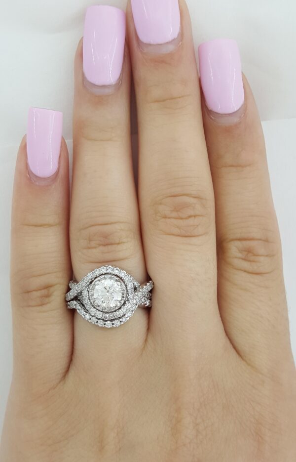 Round Diamond Double Halo Crossover Engagement Ring Set 1.44 ct 14k White Gold